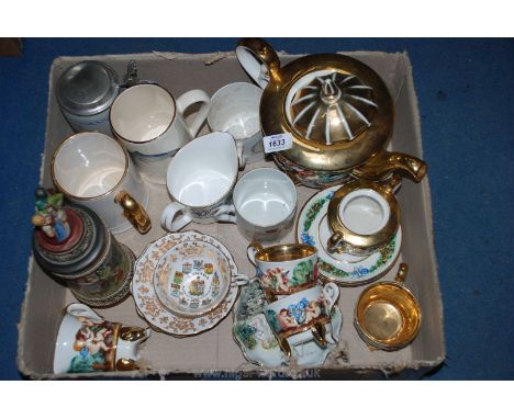 A quantity of china including part Capo-di-monte Teaset, commemorative mugs, tankard, Canadian cup and saucer, Worcester pago