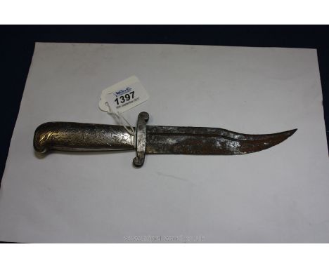 An old white metal Bowie Knife with Islamic Persian Hunting Scene