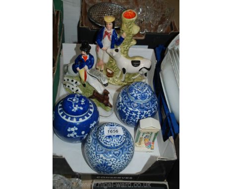 A Staffordshire spill Vase, hunting figure, three modern Ginger Jars, etc.