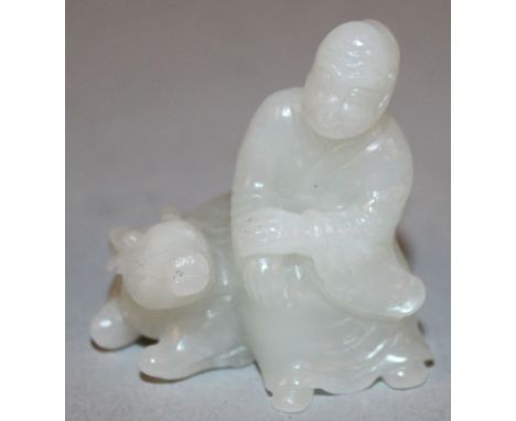 A SMALL CHINESE WHITE JADE-LIKE MODEL OF SHOU LAO, in the company of a deer, 1.5in wide & 1.75in high.