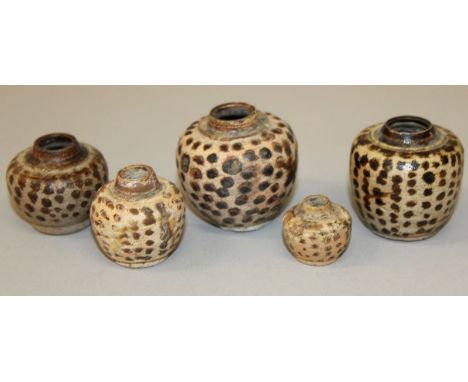 A GROUP OF FIVE SMALL THAI SAWANKHALOK CERAMIC JARLETS, 14th/16th Century, each with a simple brown speckled design, 1.75in h