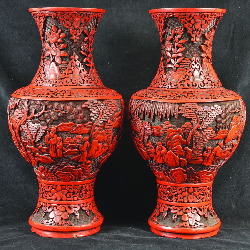 A GOOD LARGE PAIR OF 19TH/20TH CENTURY CHINESE CINNABAR LACQUER VASES