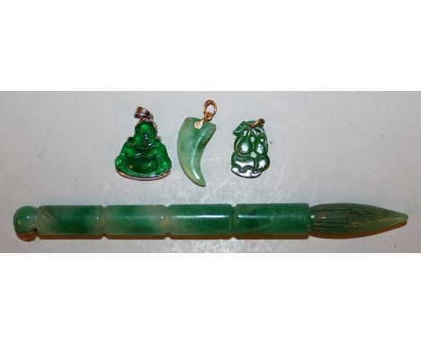 THREE CHINESE JADE-LIKE EARRINGS, with gold-metal and silver-metal fittings; together with an apple-green jade-like model of 