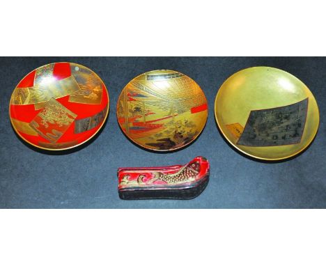 THREE SMALL GOOD QUALITY JAPANESE MEIJI PERIOD LACQUER BOWLS, each with detailed decoration, the largest bowl 3.8in diameter;
