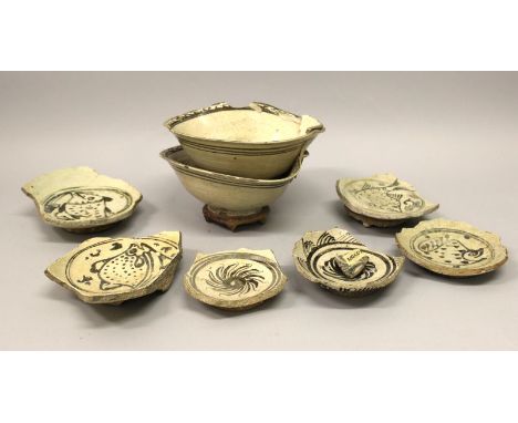 A PAIR OF MIS-FIRED SAWANKHALOK CERAMIC BOWLS, 14th/16th Century, the fish-decorated bowls fixed and attached together, 10in 