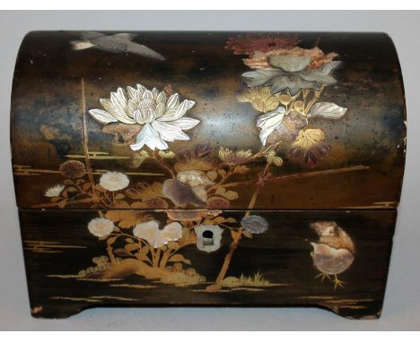 A JAPANESE MEIJI PERIOD ONLAID LACQUER CASKET, with domed and hinged cover, decorated in mother-of-pearl with birds and folia