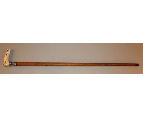 A JAPANESE BAMBOO WALKING STICK WITH A SIGNED SHIBAYAMA & IVORY HANDLE, the handle decorated in onlaid and inlaid mother-of-p