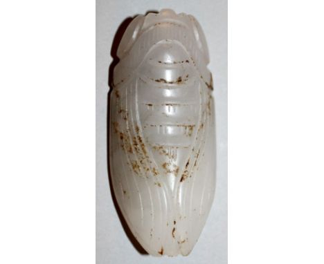 A 19TH CENTURY CHINESE WHITE JADE CICADA PENDANT, the white stone with russet inclusions, 2.5in long.