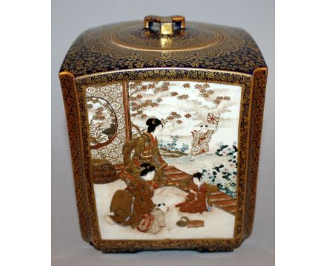 A FINE QUALITY SIGNED JAPANESE MEIJI PERIOD KINKOZAN SATSUMA EARTHENWARE JAR & COVER, of square-section with chamfered corner