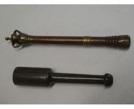 A 20th century brass mounted Georgian-style tipstaff with brass crown finial and one other turned wood tipstaff (2)