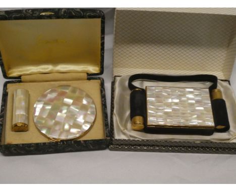 A Stratton mother of pearl mounted compact and lipstick set in fitted case and a Kigu combination cigarette case/compact with