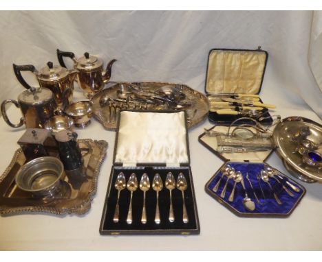 A selection of various silver plated items including various cased sets of cutlery, loose cutlery, trays, tea set, etc