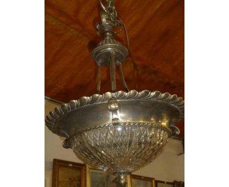 A good quality old silver-plated hanging light fitting with cut glass inverted dome shade, 30" long