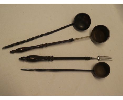 Three various turned wood snuff ladles with tapered handles and a similar adapted condiment fork