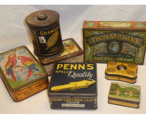 A small selection of various collector's tins including Thomas Adams Oat Cakes, Grainger Rough Cut Pipe Tobacco and others et