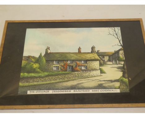 A Cornish coloured print reversed on glass "The Cottage, Tregonebris, Sancreed, West Cornwall"