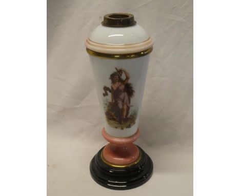 A Victorian/Edwardian opaque glass oil lamp base with detachable font, the stem decorated with a classical female figure, 15"