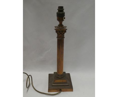 A copper Corinthian column table lamp with square base, 17½" high