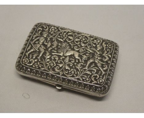 An Indian silvered rectangular card case decorated with a hunting scene and flowers