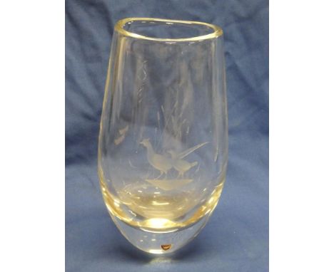 A Swediah Orrefors glass tapered vase with etched bird decoration, 10" high
