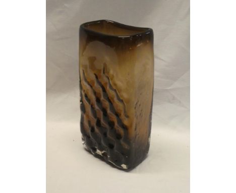 A Whitefriars rectangular brown tinted glass vase with raised decoration, 10½" high