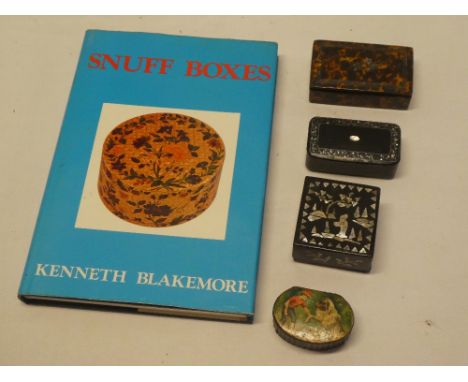 Four various old snuff boxes including papier mache oval snuff box with boy and dog decorated lid, 19th century lacquered tor