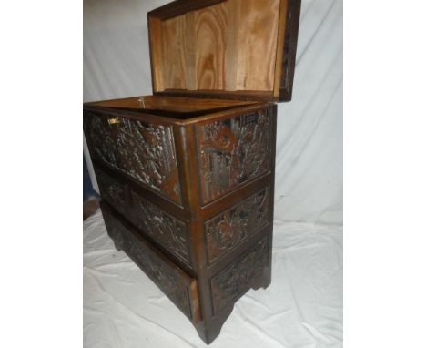 An unusual Eastern carved camphor wood rectangular combination trunk and chest decorated all over with numerous carved figure