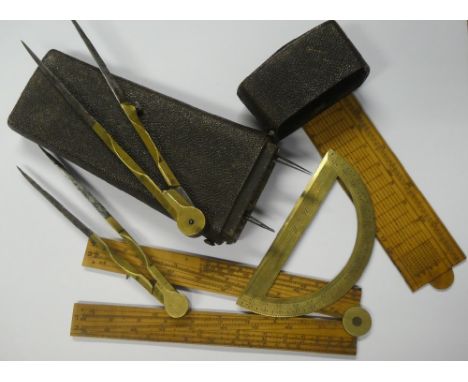 A George III case of navigational instruments including brass protractor by Heath &amp; Wing of London, brass and boxwood fol