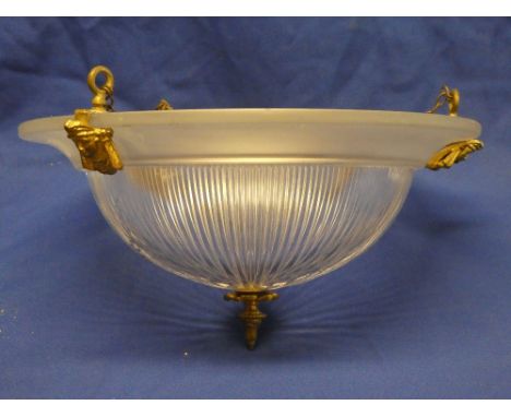 A good quality brass and frosted glass circular inverted dome ceiling light shade
