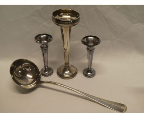 A George V silver "Old English" pattern rat-tail ladle, London marks 1910 and three various silver spill vases