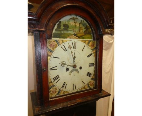 A 19th century longcase clock with 12" painted arched dial, 8day movement in stained pine traditional case