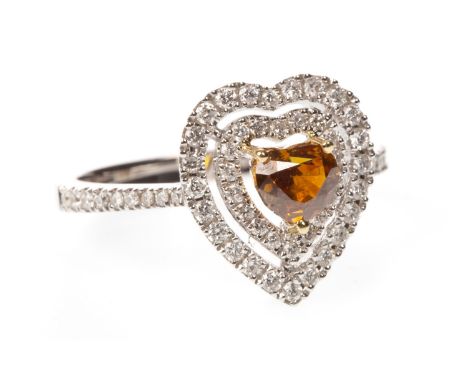 HEART SHAPED DIAMOND DRESS RING, the cognac diamond heart of approximately 0.46 carats, within a double halo of round brillia