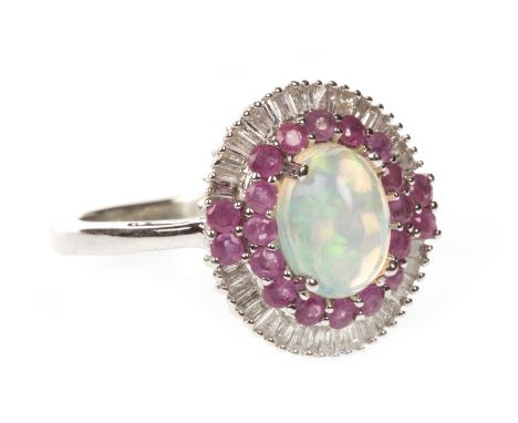 OPAL, RUBY AND DIAMOND RING, the cabochon opal 7.8mm long, surrounded by round rubies, within a halo of tapered baguette cut 