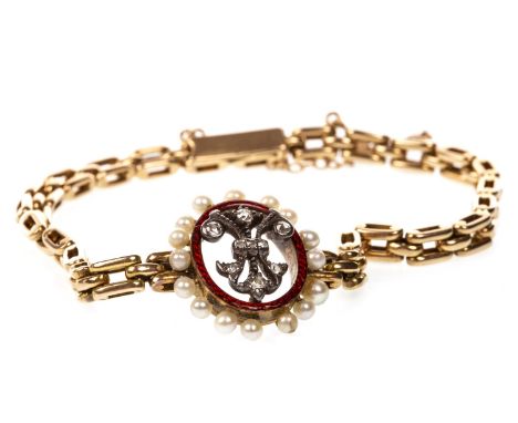 DIAMOND, ENAMEL AND PEARL BRACELET, the central diamond motif set with old cut diamonds totalling approximately 0.25 carats, 