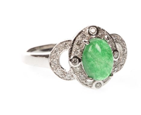 JADE AND DIAMOND RING, the central cabochon jade measuring 8x6mm, with indication of heat treatment, within a round brilliant