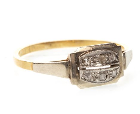 DIAMOND SIX STONE RING, the rectangular bezel set with six rose cut diamonds totalling approximately 0.12 carats, unmarked, s