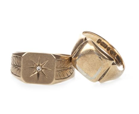 DIAMOND SET SIGNET RING, the square bezel with a star set diamond of approximately 0.02 carats, in nine carat gold, size V 1/