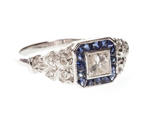 SAPPHIRE AND DIAMOND RING, the central princess cut diamond of approximately 0.50 carats, within a sapphire border, the ornat