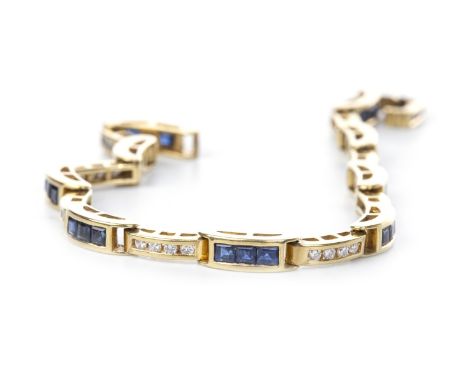 BLUE GEM AND DIAMOND BRACELET, formed by rectangular links with channel set square step cut blue gems interspaced by round br
