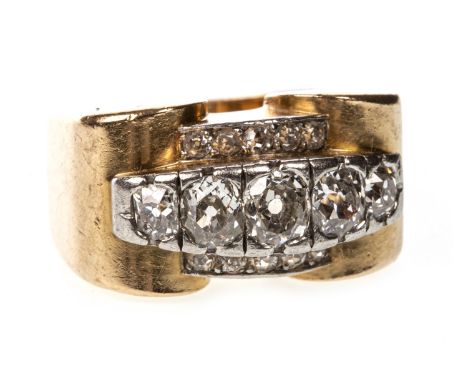 OLD CUT DIAMOND DRESS RING, the raised central section set with five old cut diamonds flanked by two rows of smaller diamonds