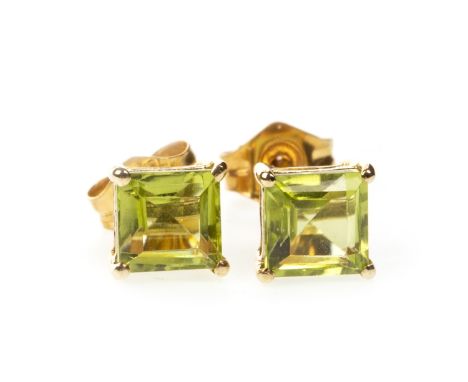 PAIR OF PERIDOT STUD EARRINGS, each set with a square step cut peridot, marked 375 to the butterflies, 0.7g