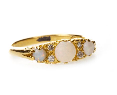 OPAL AND DIAMOND RING, the boat shaped bezel set with cabochon opals interspaced by two pairs of diamonds, in eighteen carat 