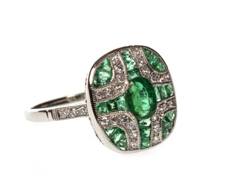 ART DECO STYLE EMERALD AND DIAMOND RING, the cushion shaped bezel set with oval and calibre cut emeralds, interspaced by roun