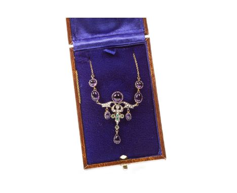 AMETHYST, PERIDOT, SEED PEARL AND DIAMOND PENDANT, set with cabochon amethysts and with a central seed pearl, peridot and eme