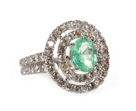 CERTIFICATED COLOMBIAN EMERALD AND DIAMOND CLUSTER RING, the central oval faceted mixed cut emerald 8.4x6.9mm with accompanyi