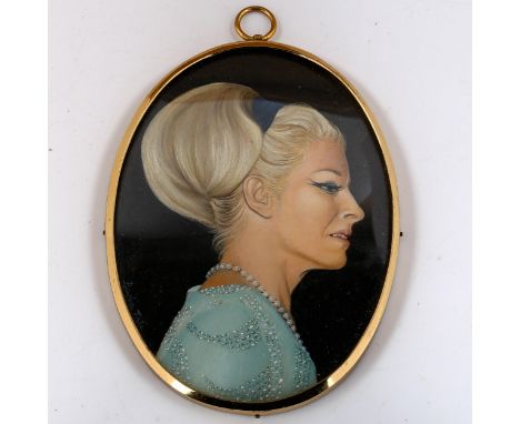 Barbara Tate (born 1927), miniature oil on board, circa 1970s, portrait of a woman, 10.5cm x 8cm, framed 
