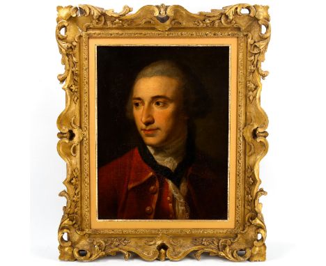 18th century oil on canvas, portrait of a gentleman wearing a wig and red coat, unsigned, 51cm x 40cm, framedVery old re-lini