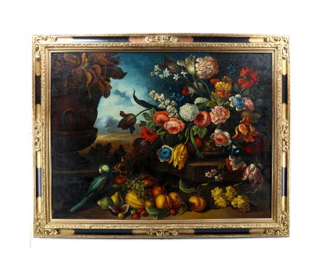 Early 20th century oil on canvas, still life study, fruit and flowers, unsigned, 80cm x 102cm, framedVery good condition, lig