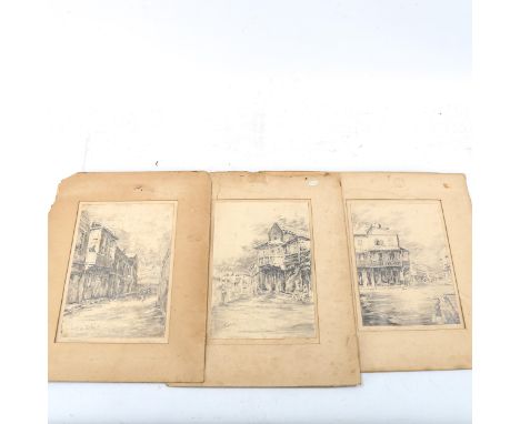 Barbados/Caribbean interest, 3 pencil drawings, detailed street scenes, late 19th/early 20th century, indistinctly signed, ti