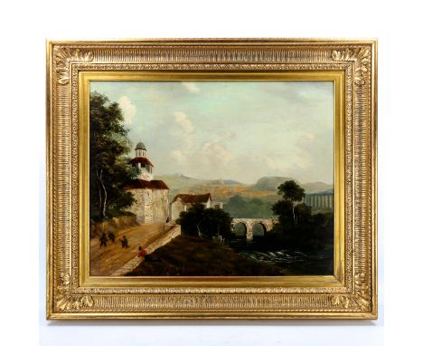 19th century oil on canvas, children playing in Continental landscape, unsigned, 60cm x 77cm, framedCanvas has been re-lined,